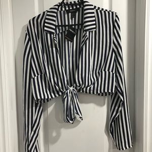 F21 Striped Tie Long Sleeve Collared Blouse